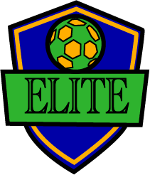 A sports badge with a green and yellow soccer ball at the top, a blue shield background, and a green banner with the word 'ELITE' in black letters.