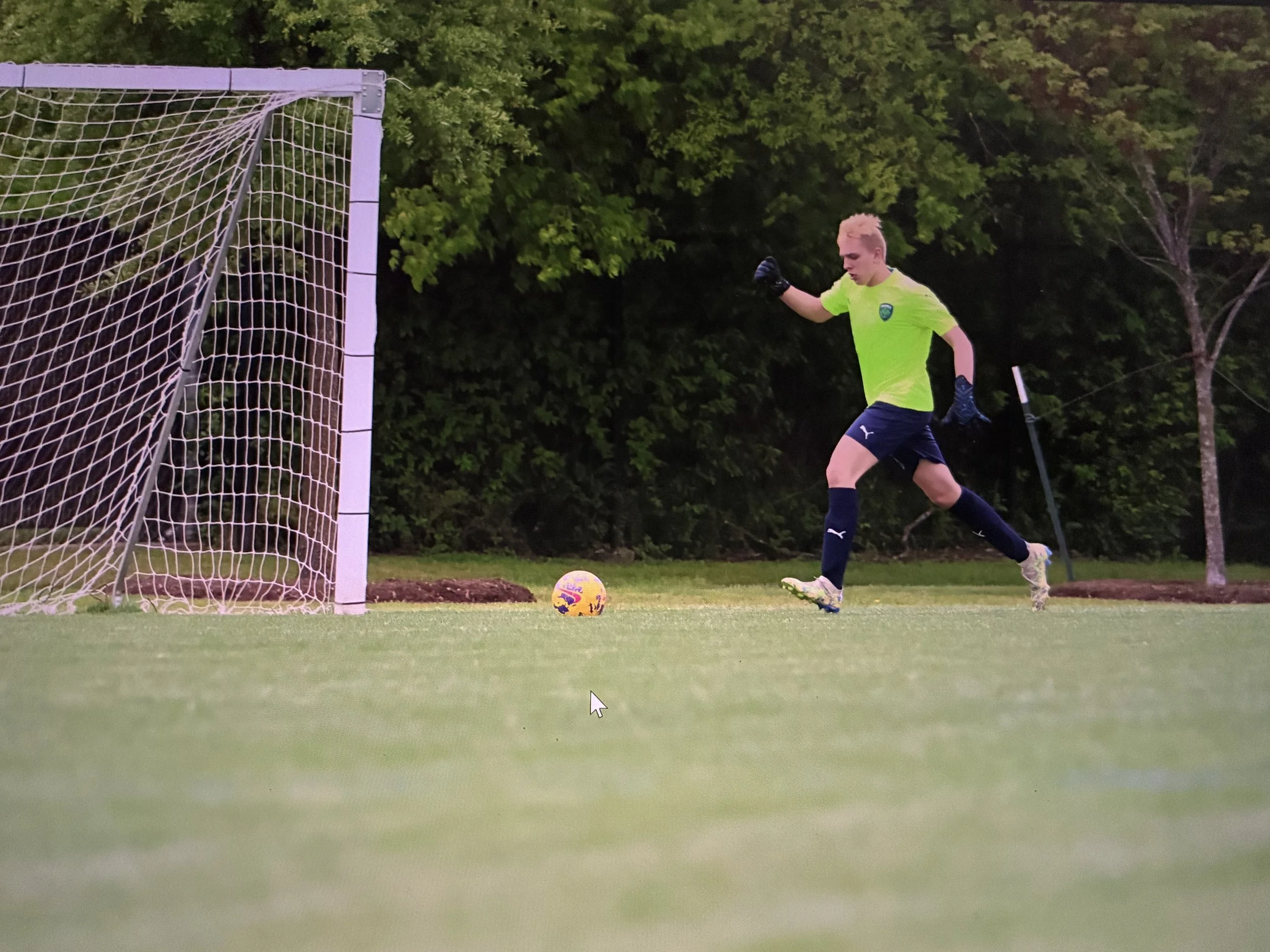 A soccer player with blond hair, wearing a bright yellow goalkeeper jersey and black gloves, is near the goal on a grassy field. There is a yellow and purple soccer ball near him, and background trees.