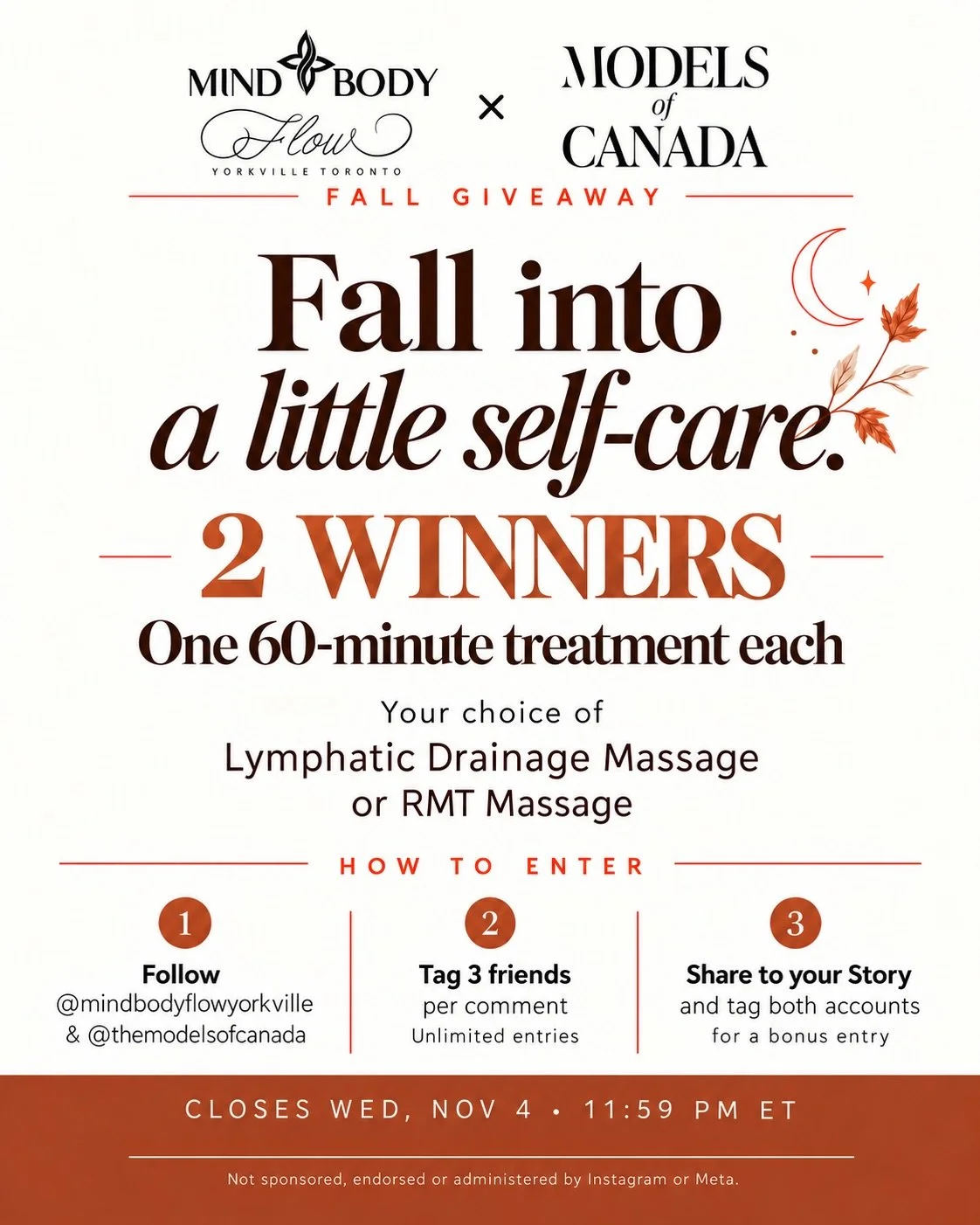 🎃 HALLOWEEN GIVEAWAY 🦇

We teamed up with @mindbodyflowyorkville to give away 2 free massages! 2 people will win. Each winner gets one 60-minute massage.

You pick: 
✨ Lymphatic Drainage Massage 
✨ RMT Massage

📍 Yorkville, Toronto

HOW TO ENTER:
