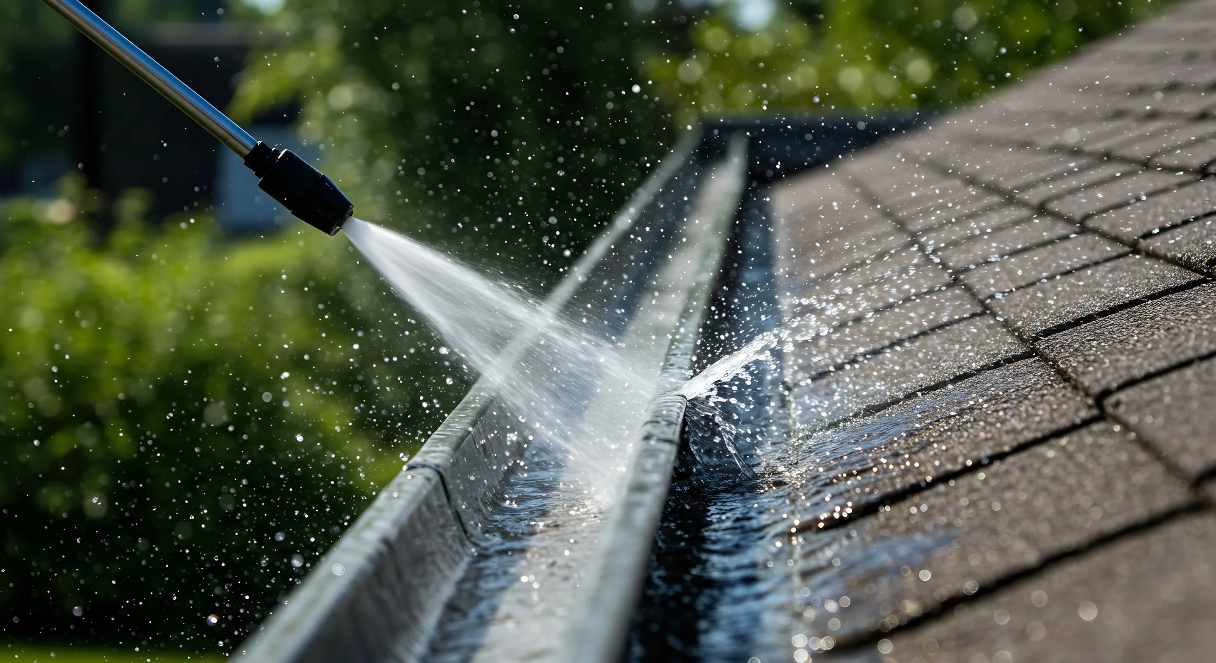 A person watering a gutter with a hose, water flowing into the gutter on a residential roof during daytime.