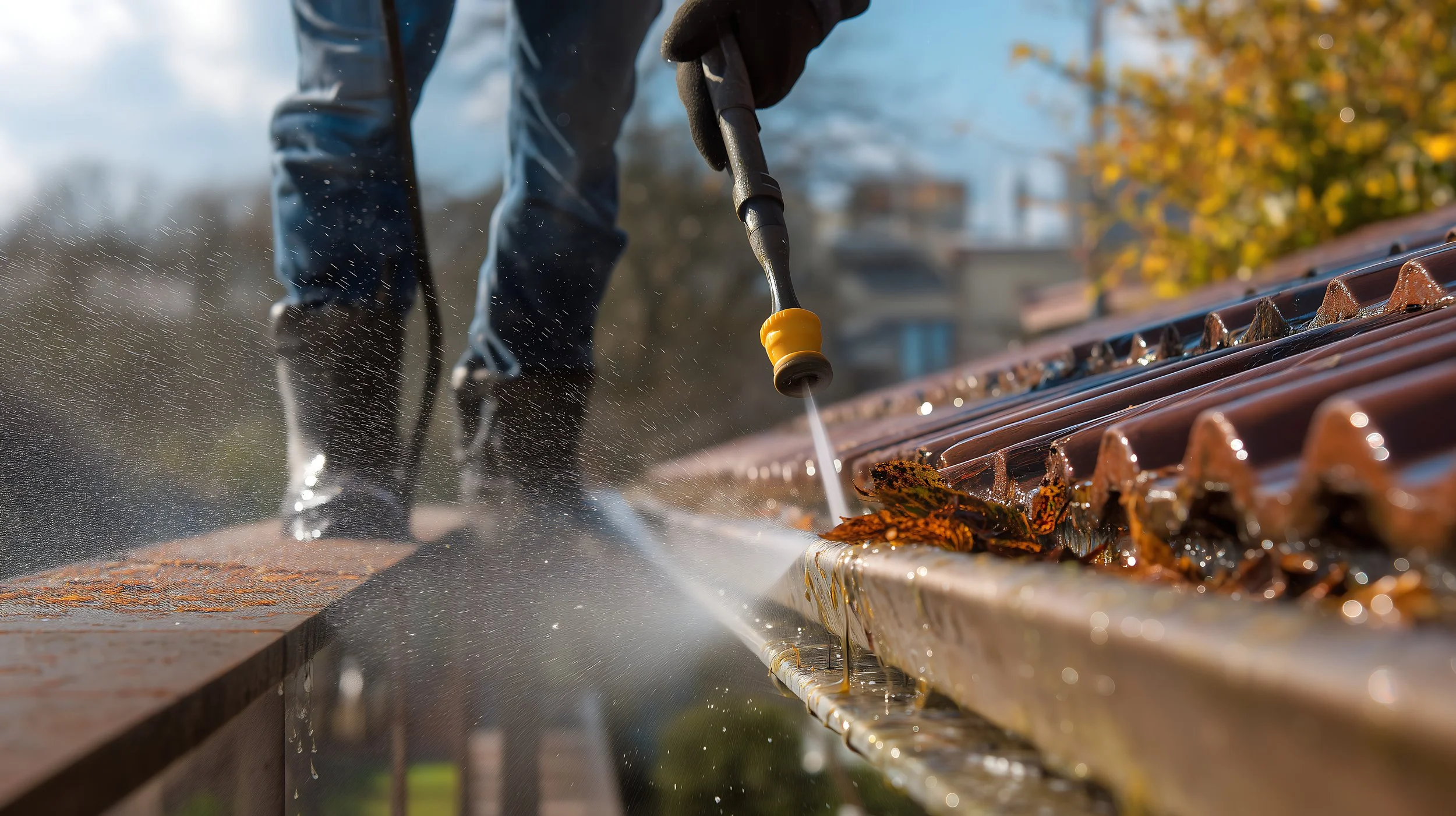 Person power washing a roof with a hose, spraying water along the tiles in an outdoor setting with trees and buildings in the background.