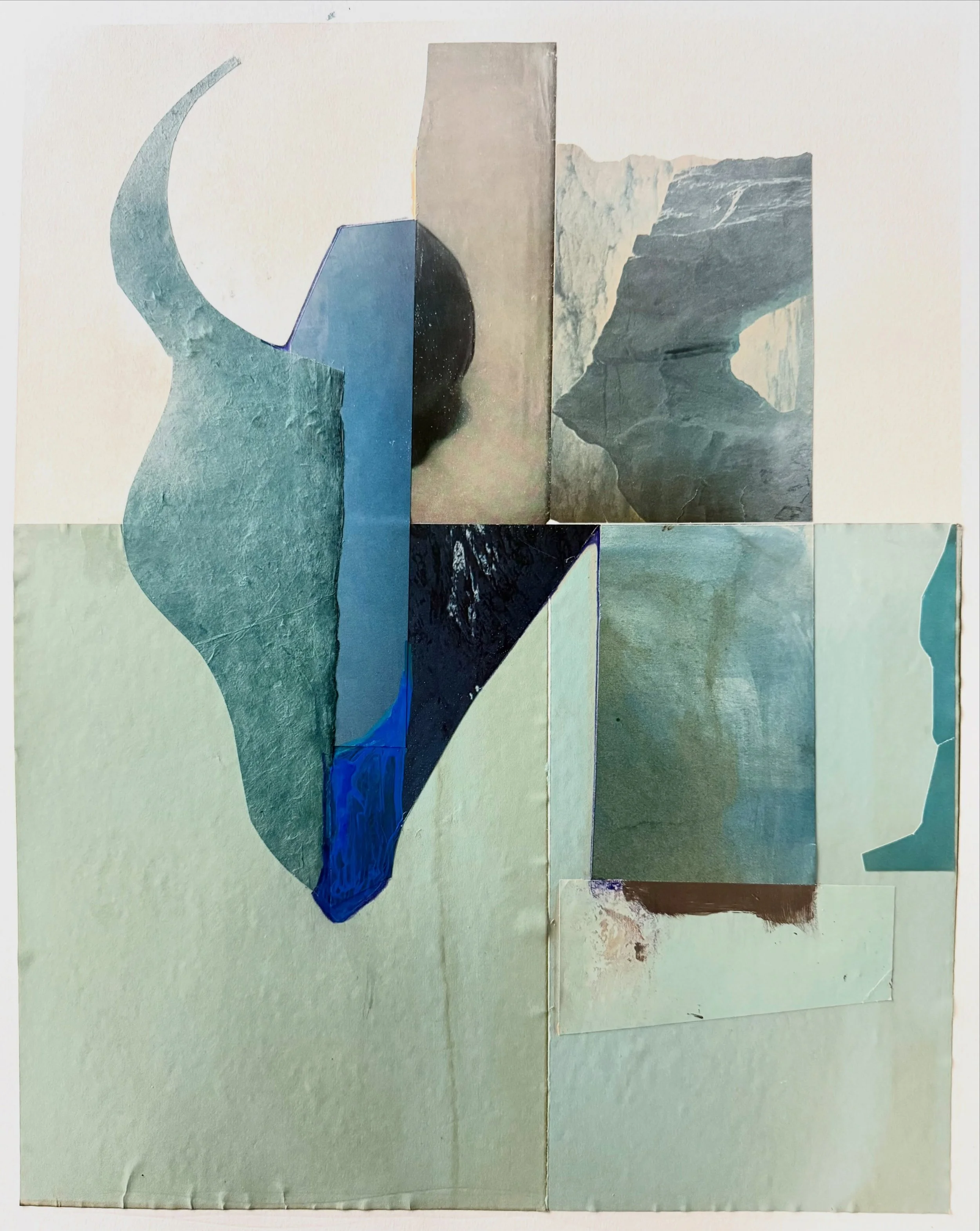 Blue hues continue. Guess this is what happens when waves crash into a ranch. I didn't see the horn until I stepped away--it was just a lovely forgotten scrap that drew me in. Calling this one "Landlocked."