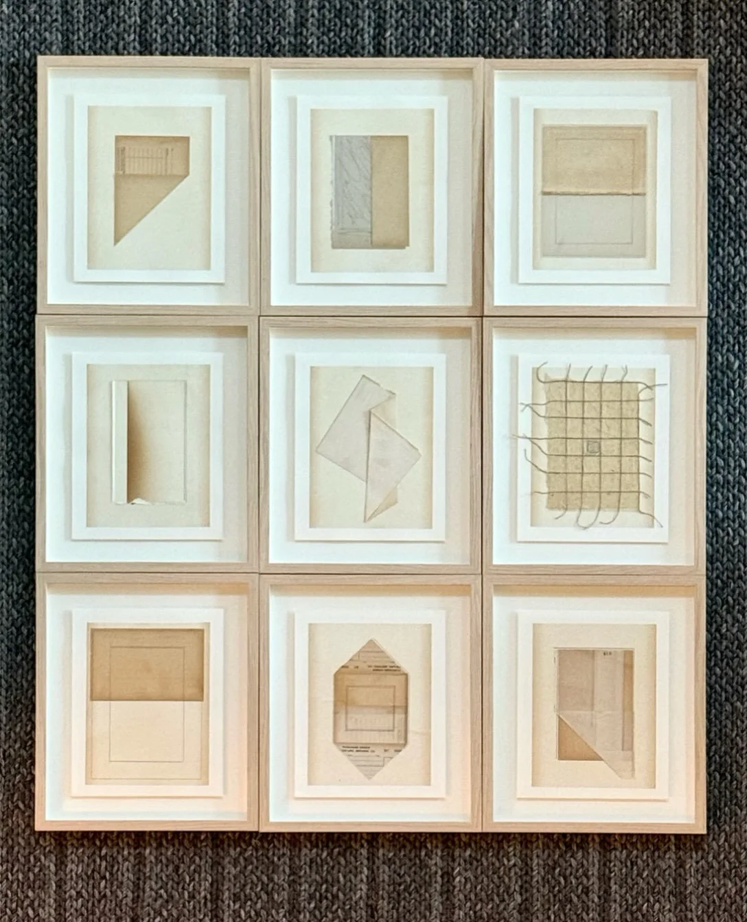 "Soft Geometry." Set of nine neutral paper collages. Subtle, naturally muted papers come together through softened edges, quiet angles, and the warm patina of age. Each collage takes a distinct shape, yet the nine pieces share a common rhyt