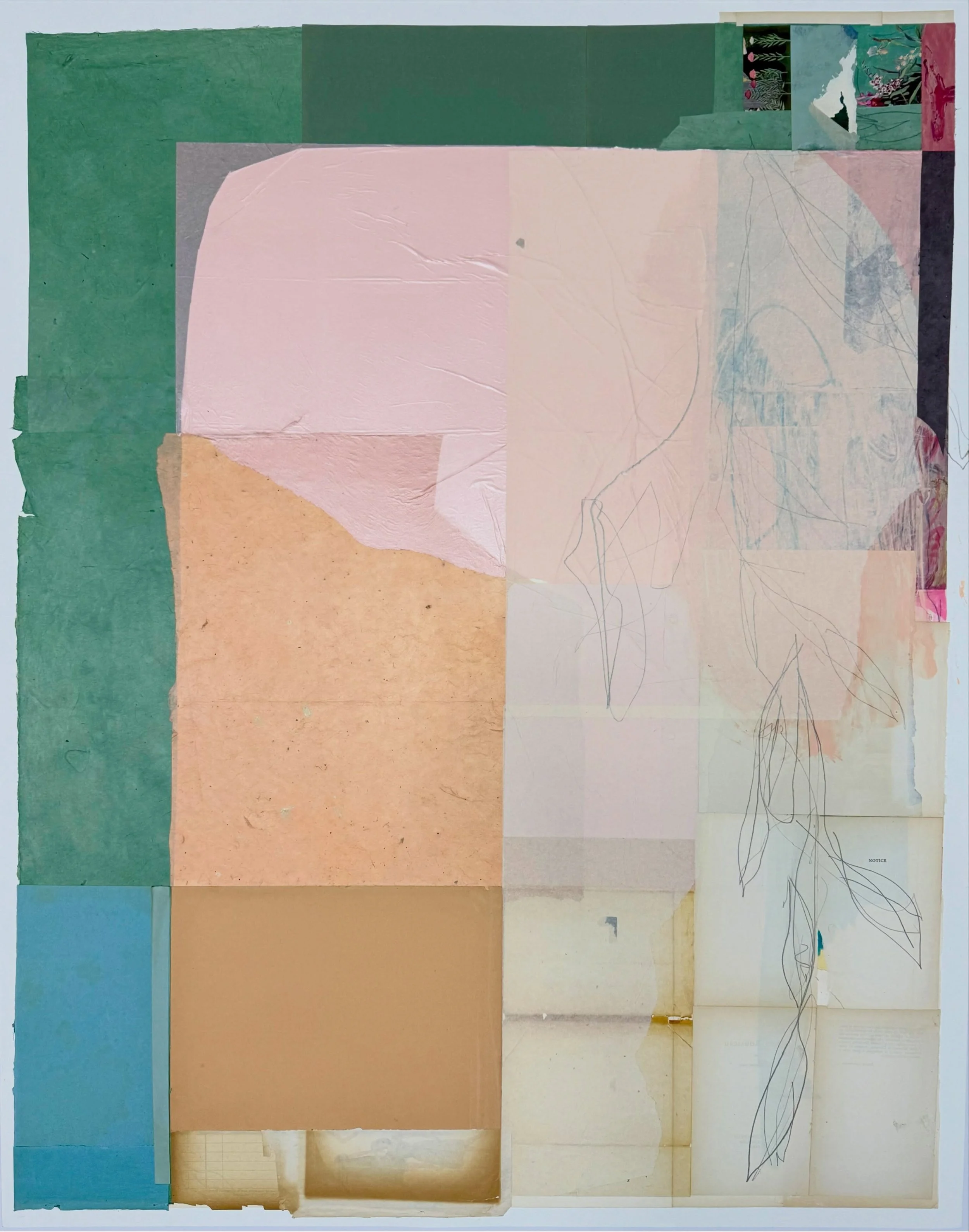 "Notice" &mdash; a commissioned collage imagined in conversation with a dining room and the life gathered around its table. Visiting the space helped me envision the work among those everyday moments.

A commission begins with a plan: dimen