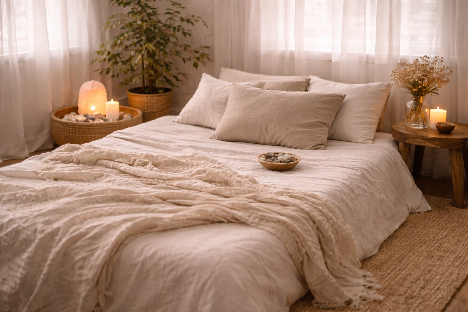A cozy bedroom with a bed covered in white linen and beige pillows, signs of soft lighting, a wooden side table with candles and dried flowers, a tall potted plant, wicker baskets, and sheer white curtains filtering natural light.