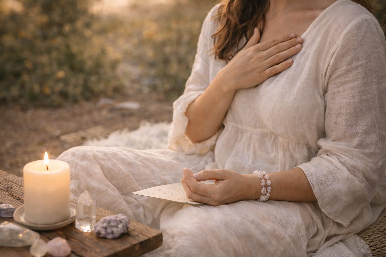 A woman in a cream-colored dress sits outdoors at sunset, holding her hand over her chest and a handwritten note in her other hand, surrounded by crystals and a lit candle on a wooden table.