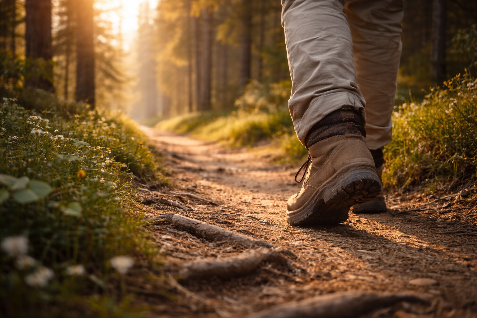 Close-up of a hiker's boots walking on a dirt trail in a forest during sunset.