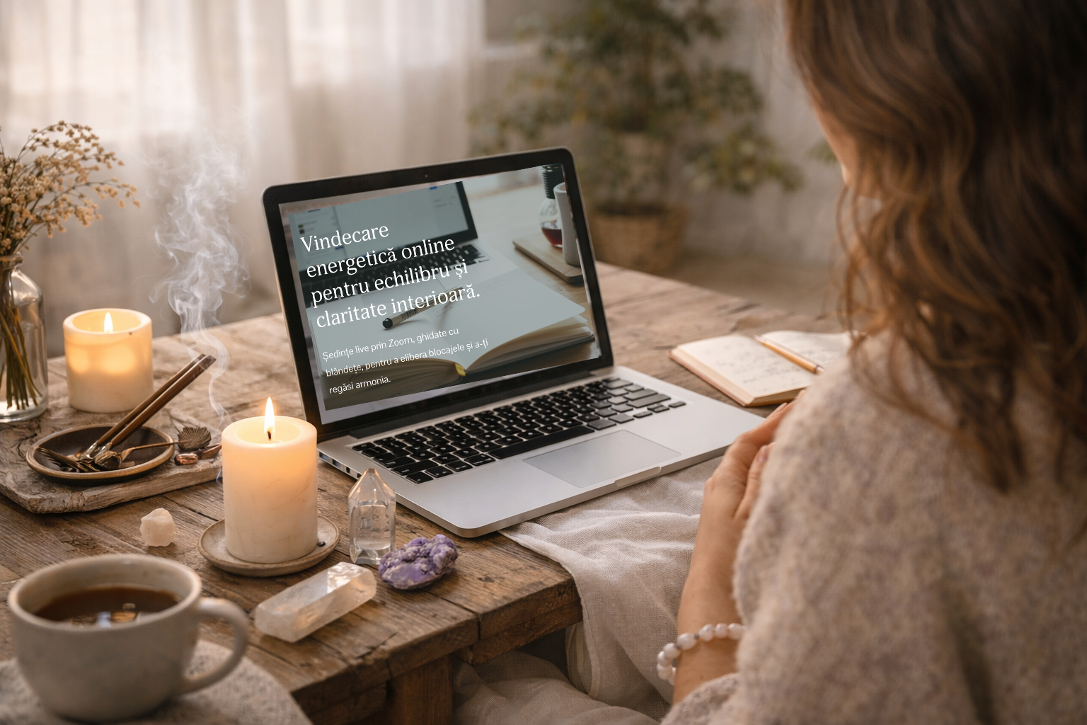 A woman with curly hair sitting at a wooden table, using a laptop with a Romanian website about online energy medicine for inner balance. The table holds lit candles, crystals, a cup of tea, and a notebook.