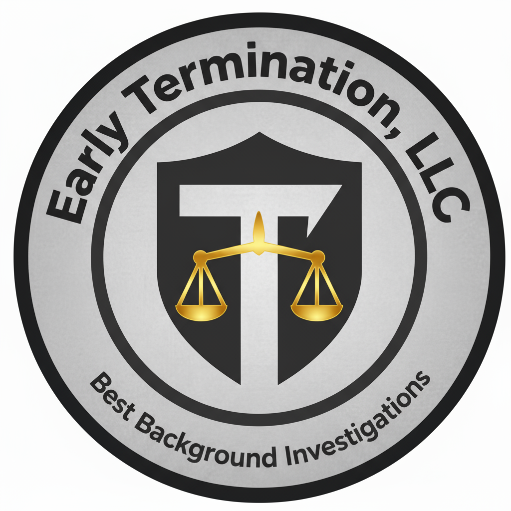 A logo featuring a shield with a balance scale and a shield emblem in the center. The outer circle contains the text 'Early Termination, LLC' at the top and 'Best Background Investigations' at the bottom, indicating a background investigation service.
