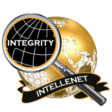 A globe with gold and white continents, a magnifying glass labeled 'INTEGRITY' over part of it, and a black ribbon banner labeled 'INTELLENET' beneath.