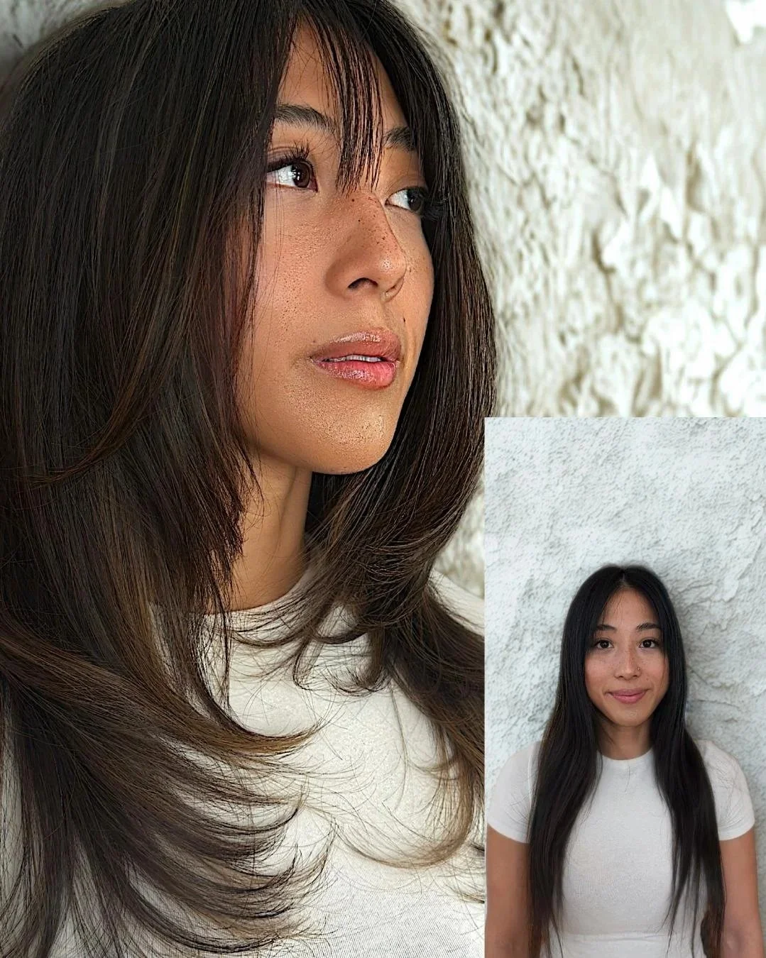 Soft  and natural color that accentuates olive skin-tone. Layered cut and face frame for structure and facial lift.