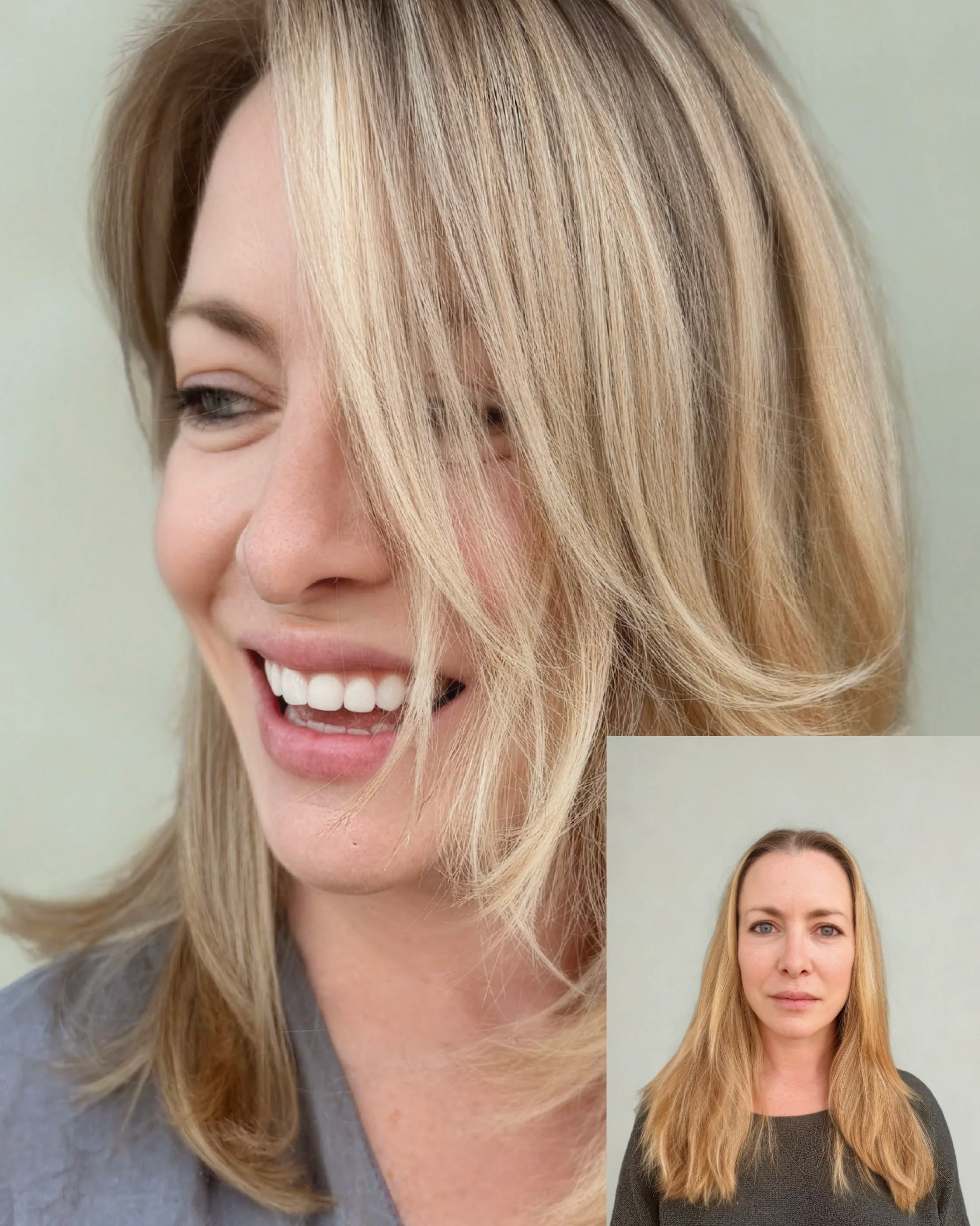 Color correction to compliment skin tone and call attention to eyes. Carefully carved cut for facial lift, reduced heaviness, and overall manageability.
