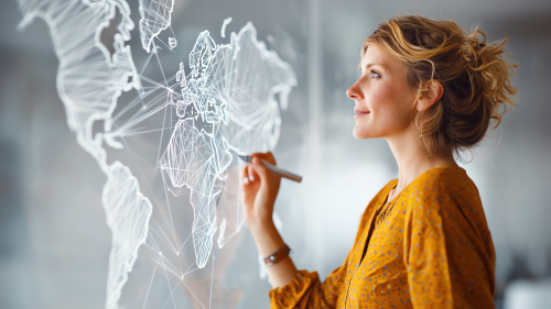 Scenic landscape of a lake with green hills in the foreground and towering mountains in the background, under a cloudy sky.