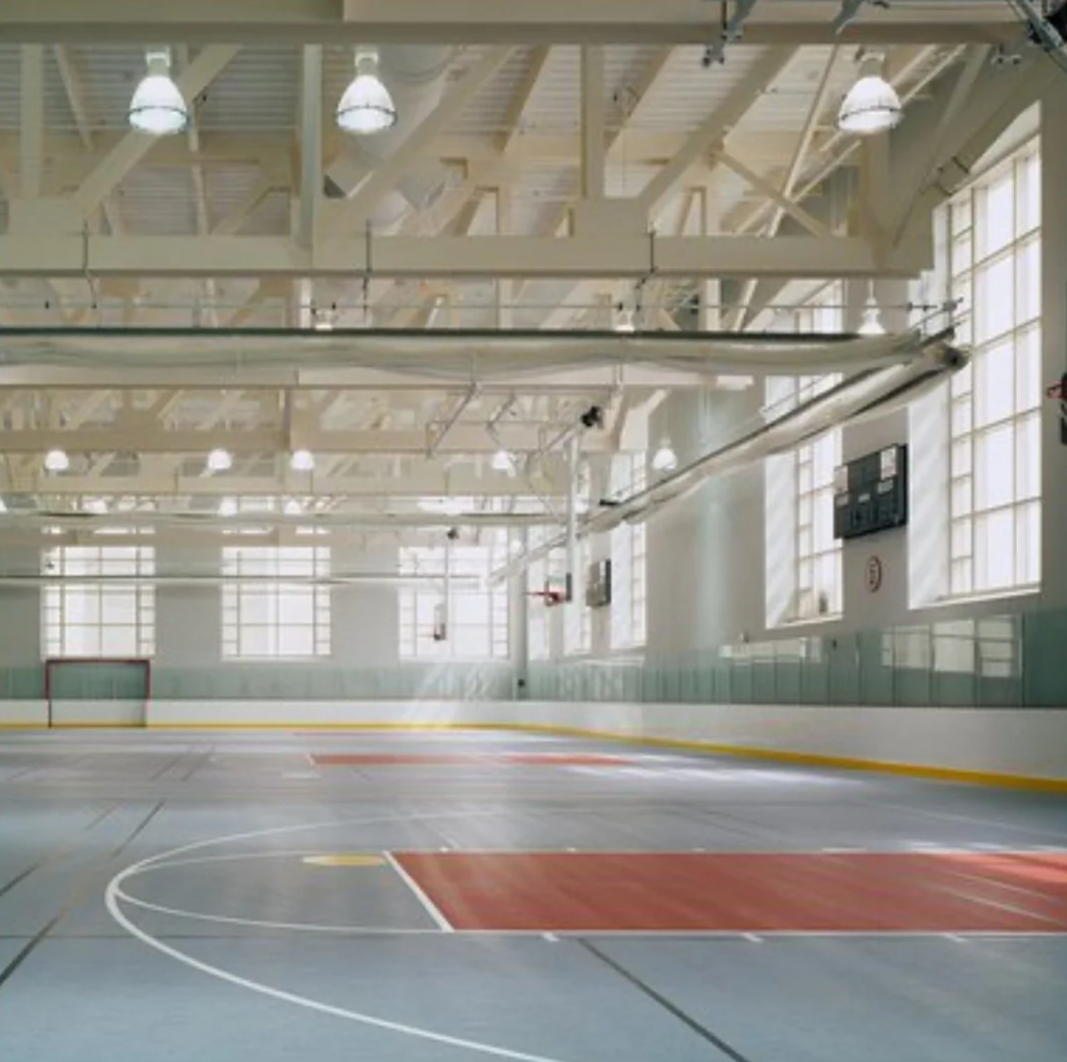 Empty indoor ice hockey rink with goal net, ice surface, and large windows letting in natural light.