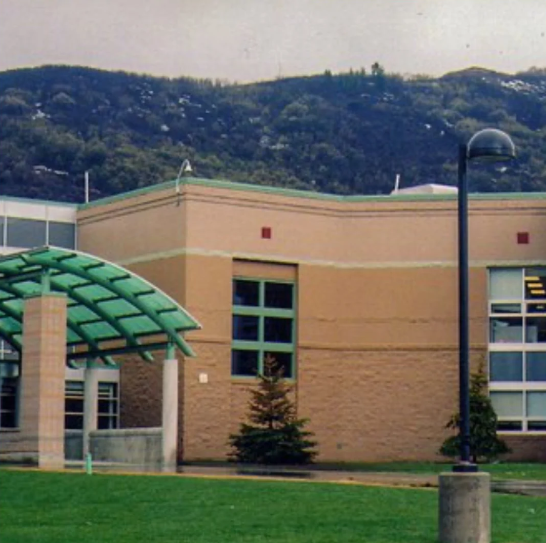 Image of a school or office building with a mountain in the background, trees, a grass lawn, a streetlamp, and a green glass awning over the entrance.