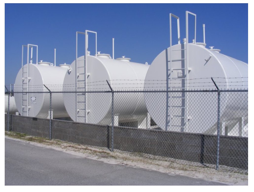 Three large white storage tanks behind a chain-link fence with barbed wire, set against a bright blue sky.