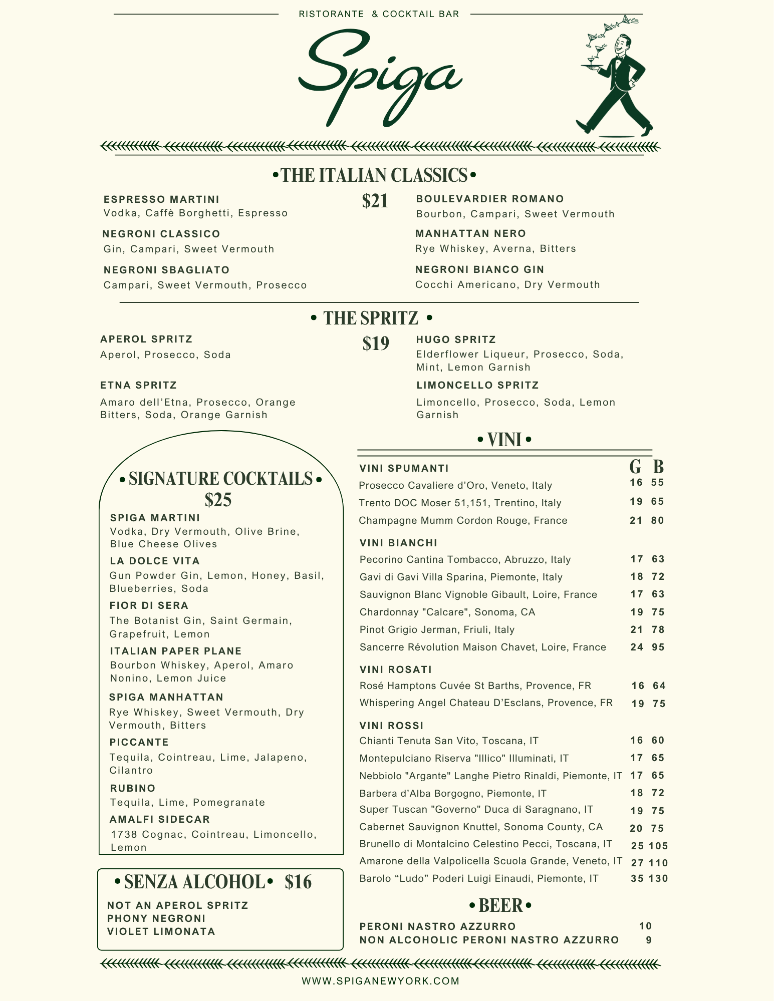 Cocktail menu detailing our classics, spritz, signature cocktails, and wines by the glass.