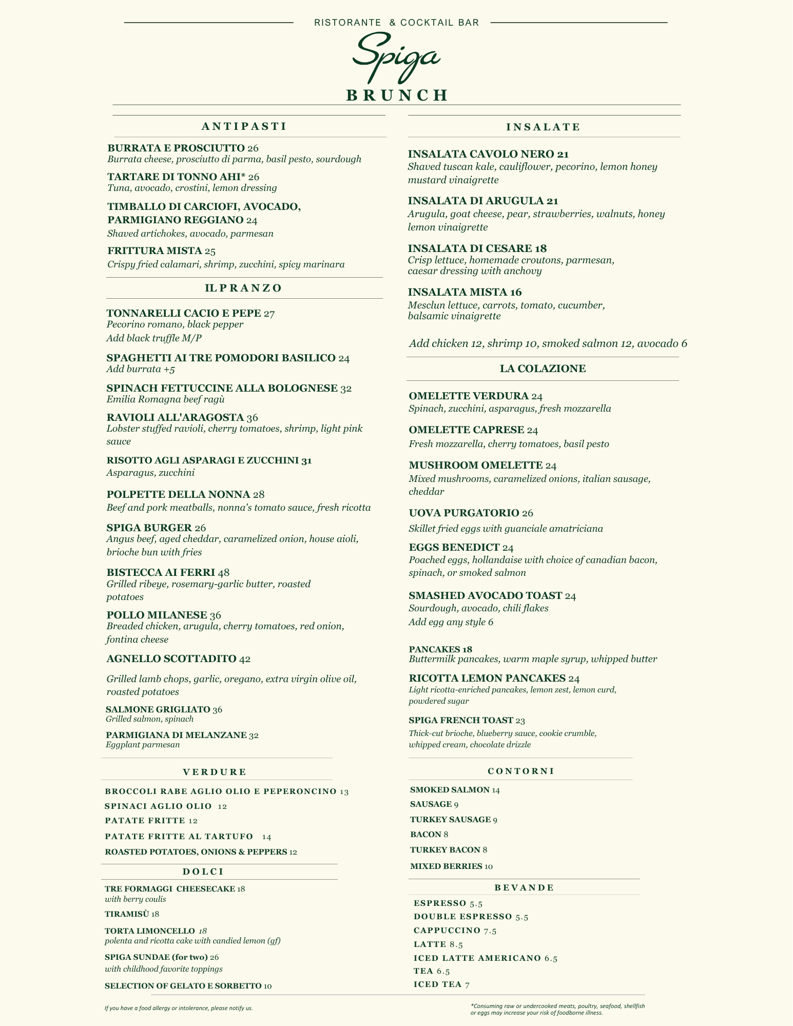 brunch menu outlining breakfast & lunch dishes