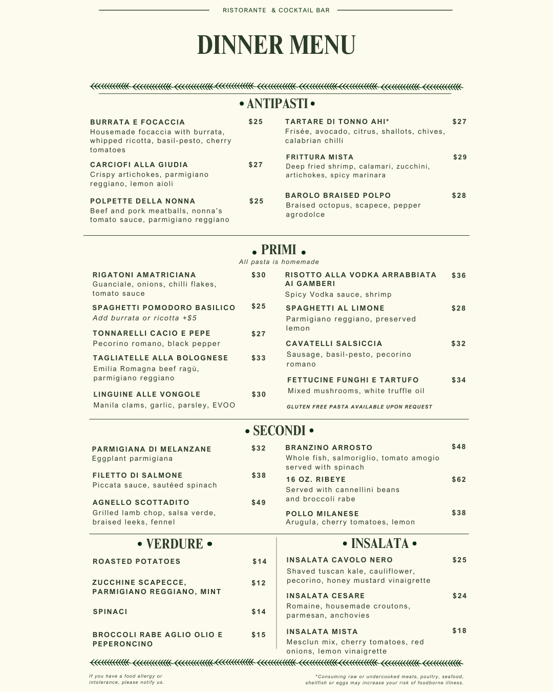 image of the dinner menu