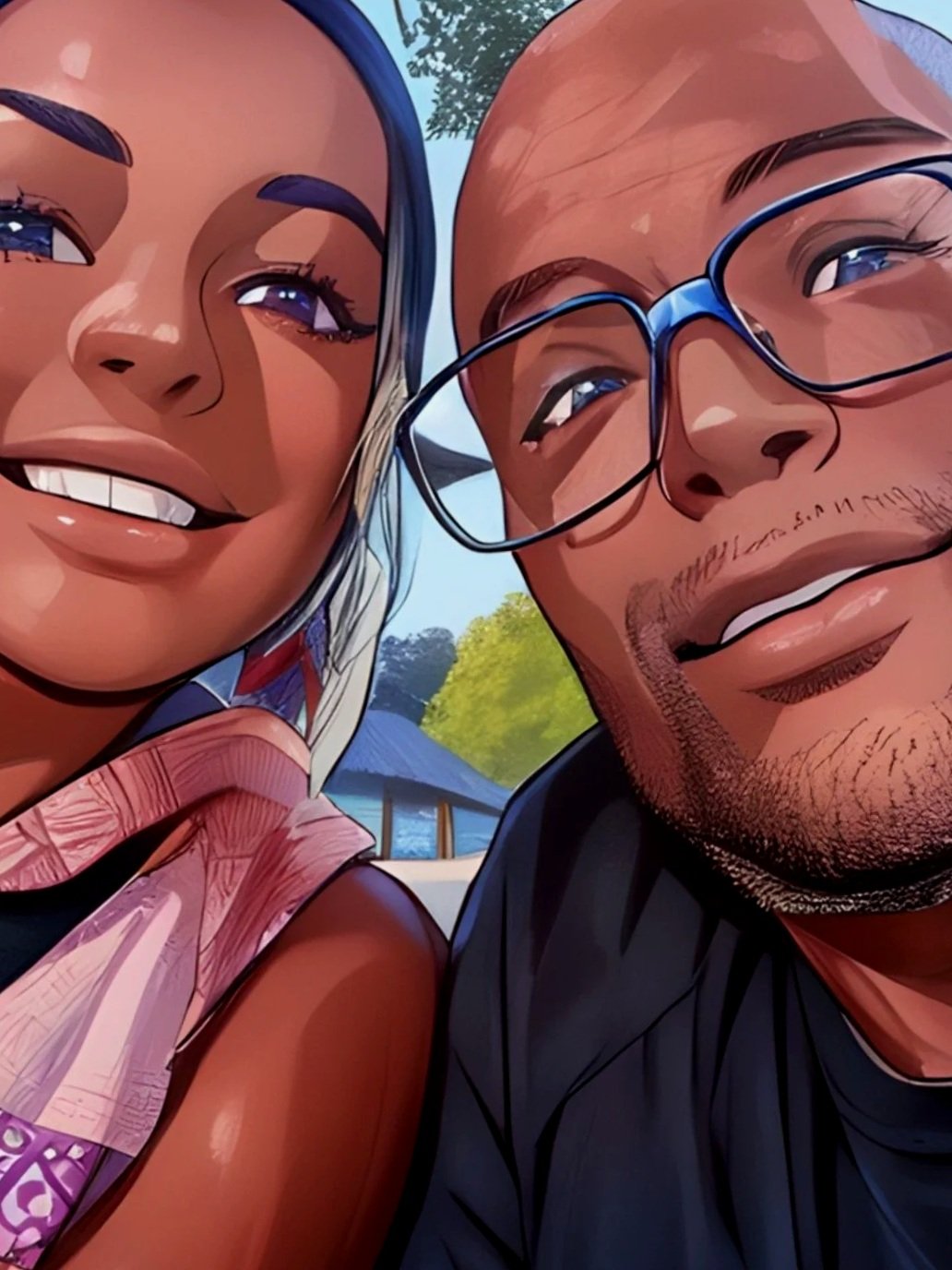 Cartoon-style image of a woman with long hair and a man with glasses, close-up selfie, outdoors with trees and sky in the background.