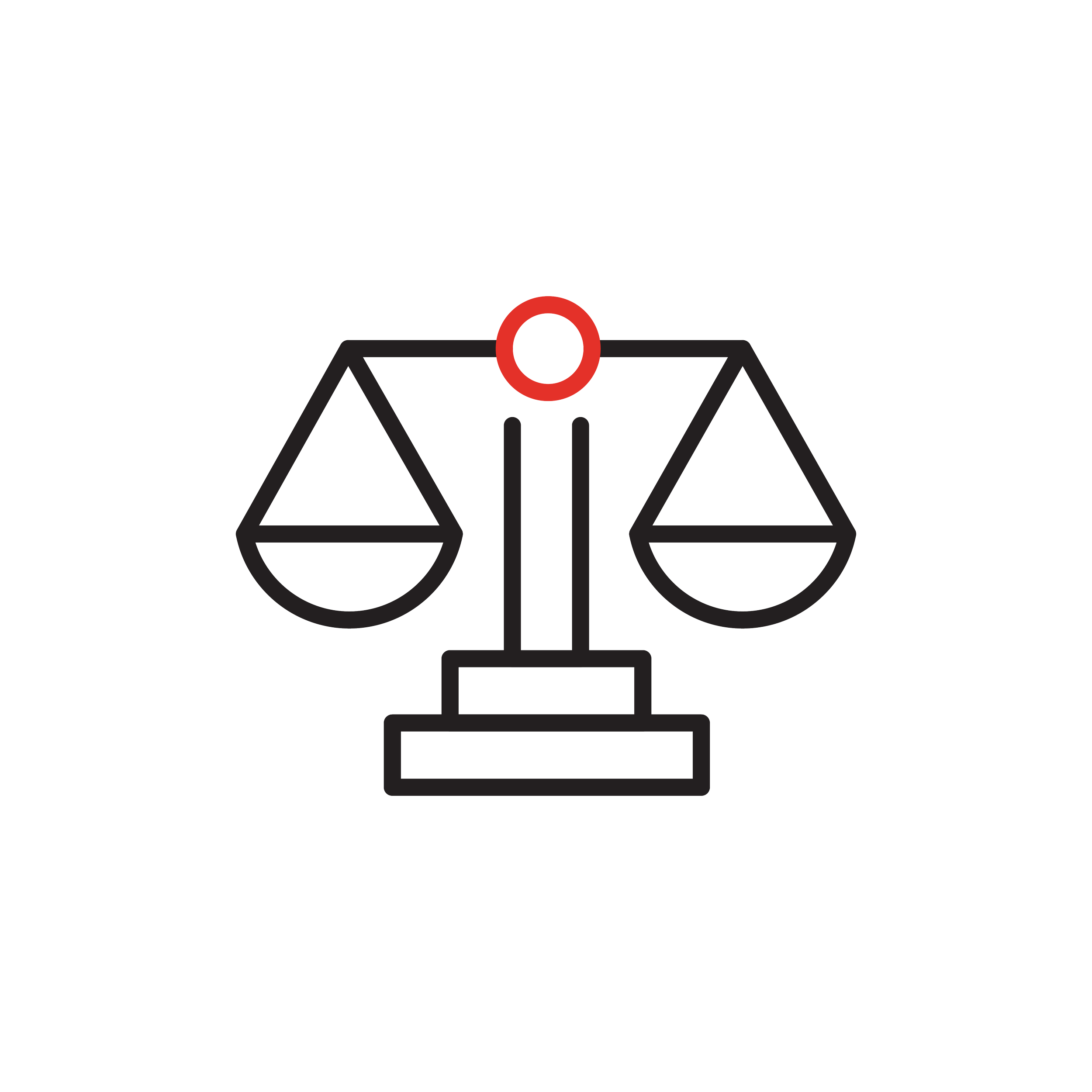 Outline of a scale of justice with a red circle at the top.