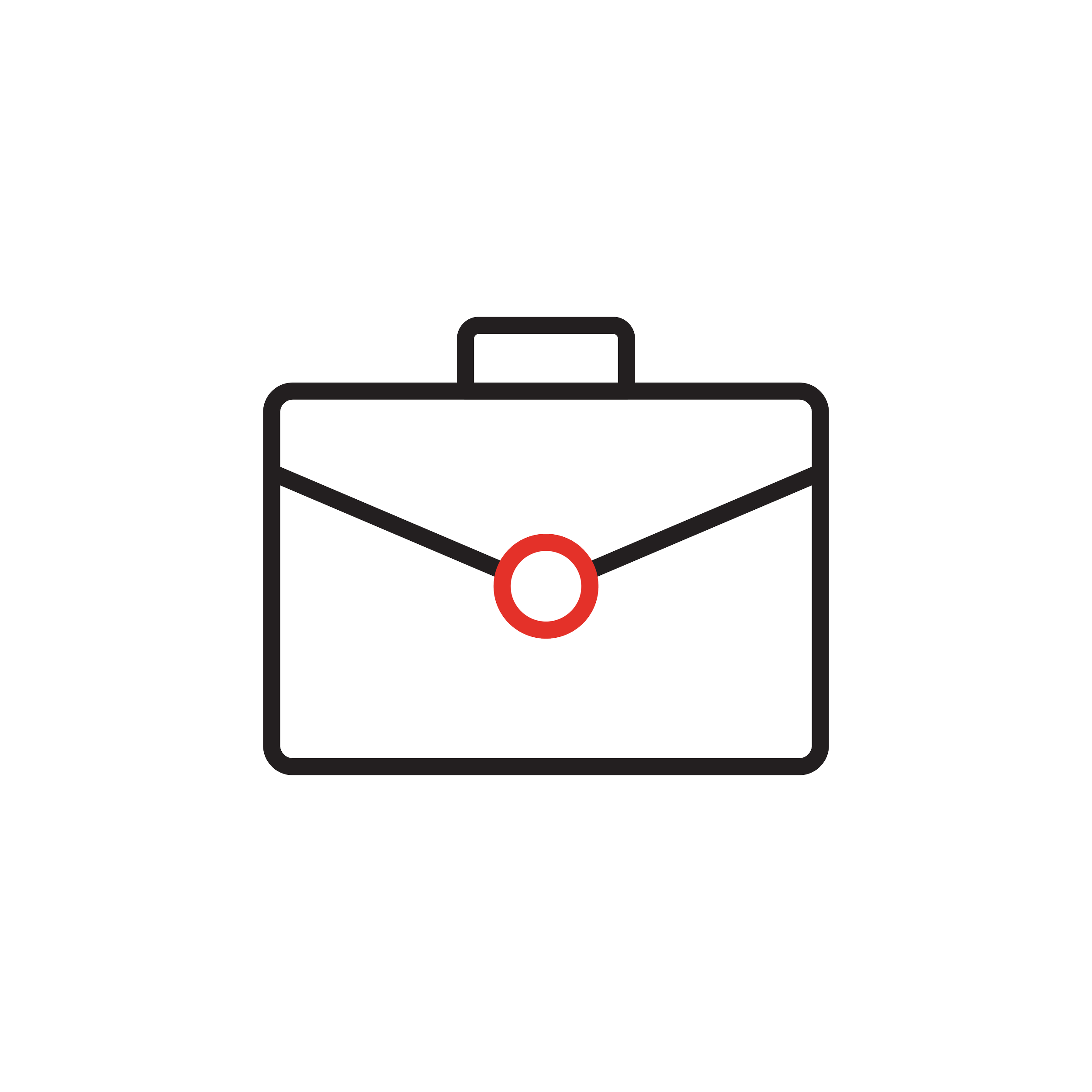 Outline of a briefcase with a red and white circle in the center.