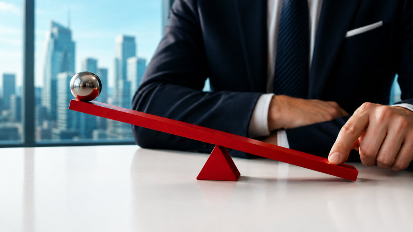 Executive in a suit pressing down one end of a red balance board with a steel ball on the opposite side, representing the leverage senior underwriters and commercial lines producers hold in today's insurance talent market.
