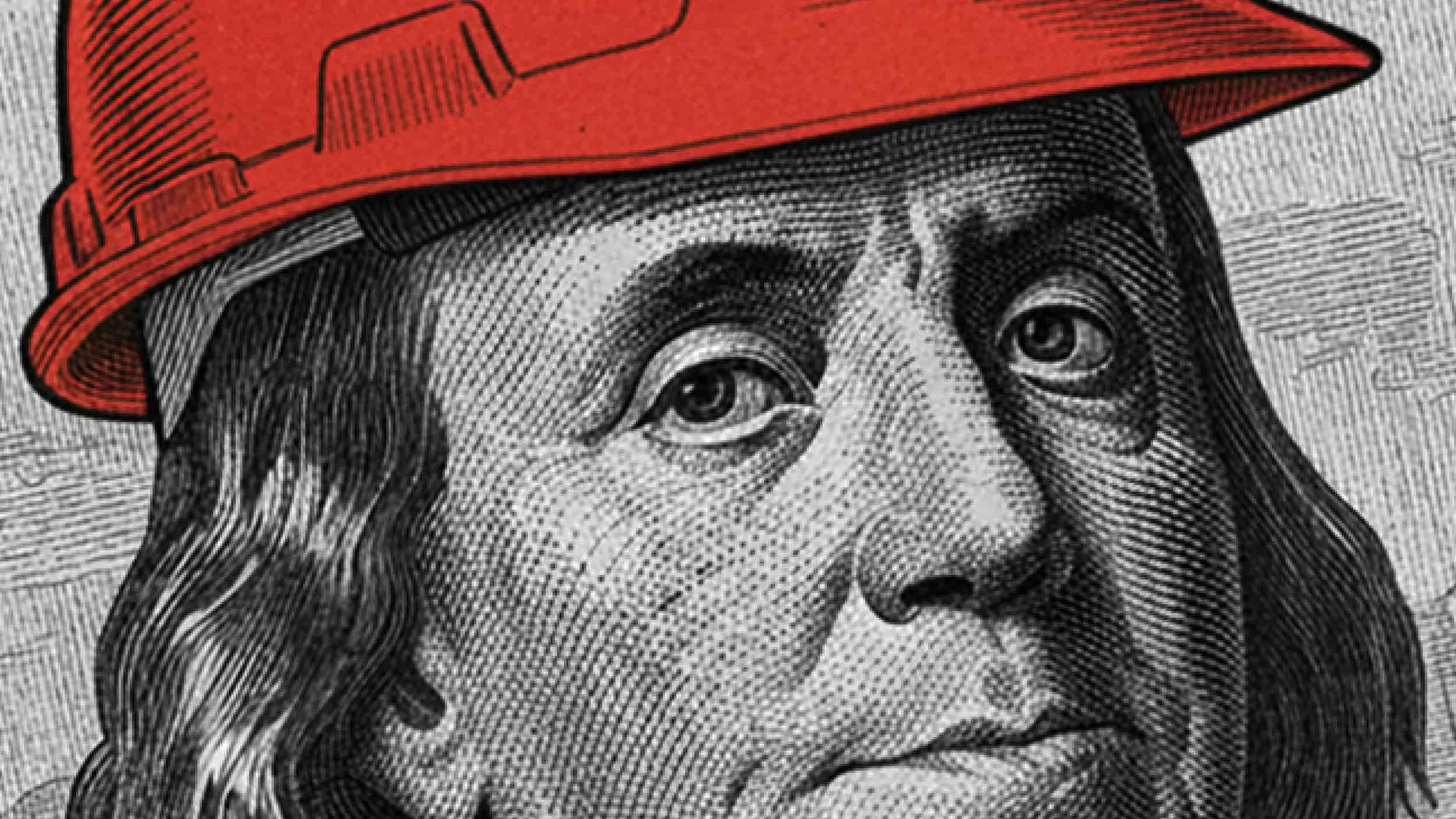 A conceptual illustration of Benjamin Franklin wearing a construction hard hat, symbolizing the timeless importance of planning and craftsmanship in modern building.