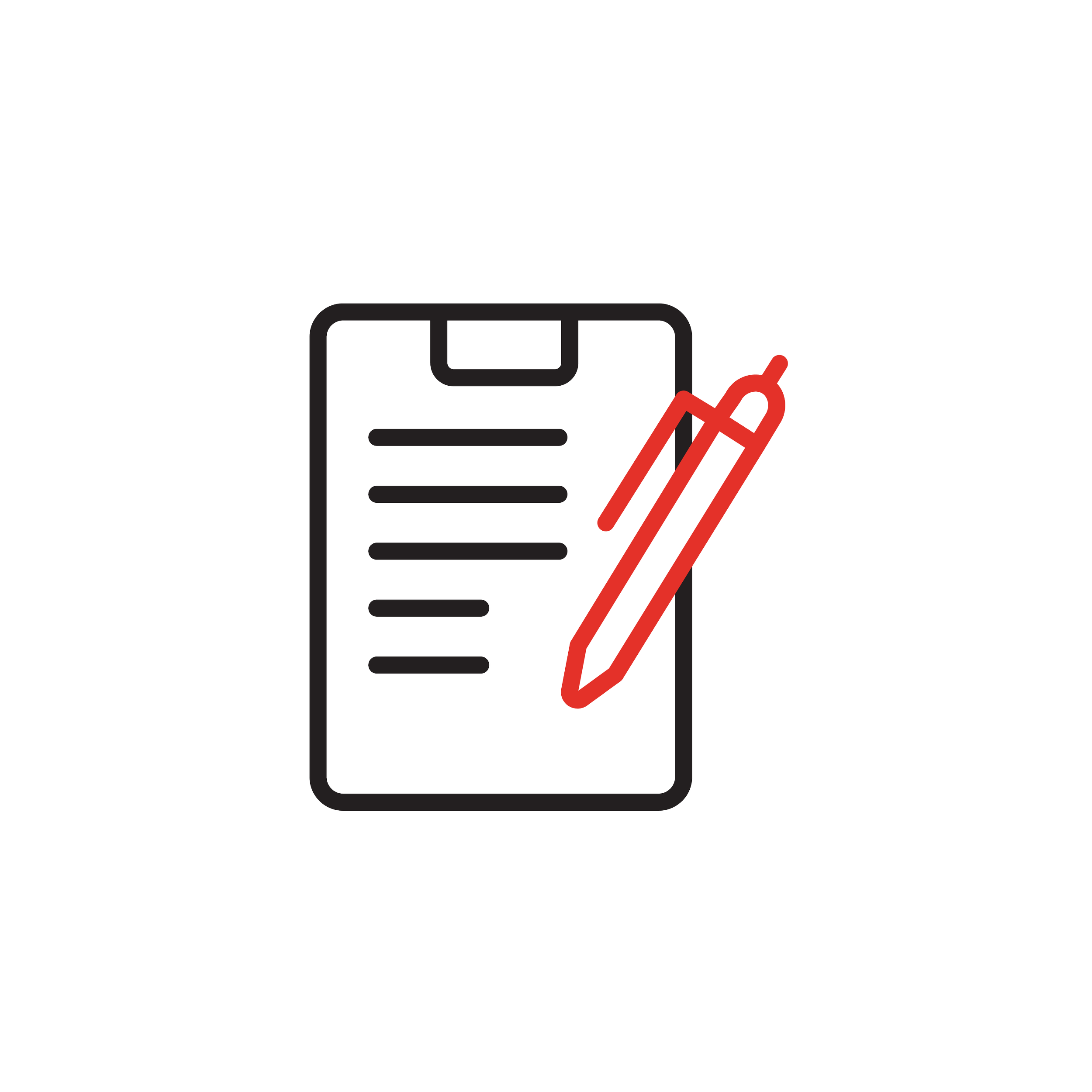 Icon of a notepad with lines of writing and a red and white pen.