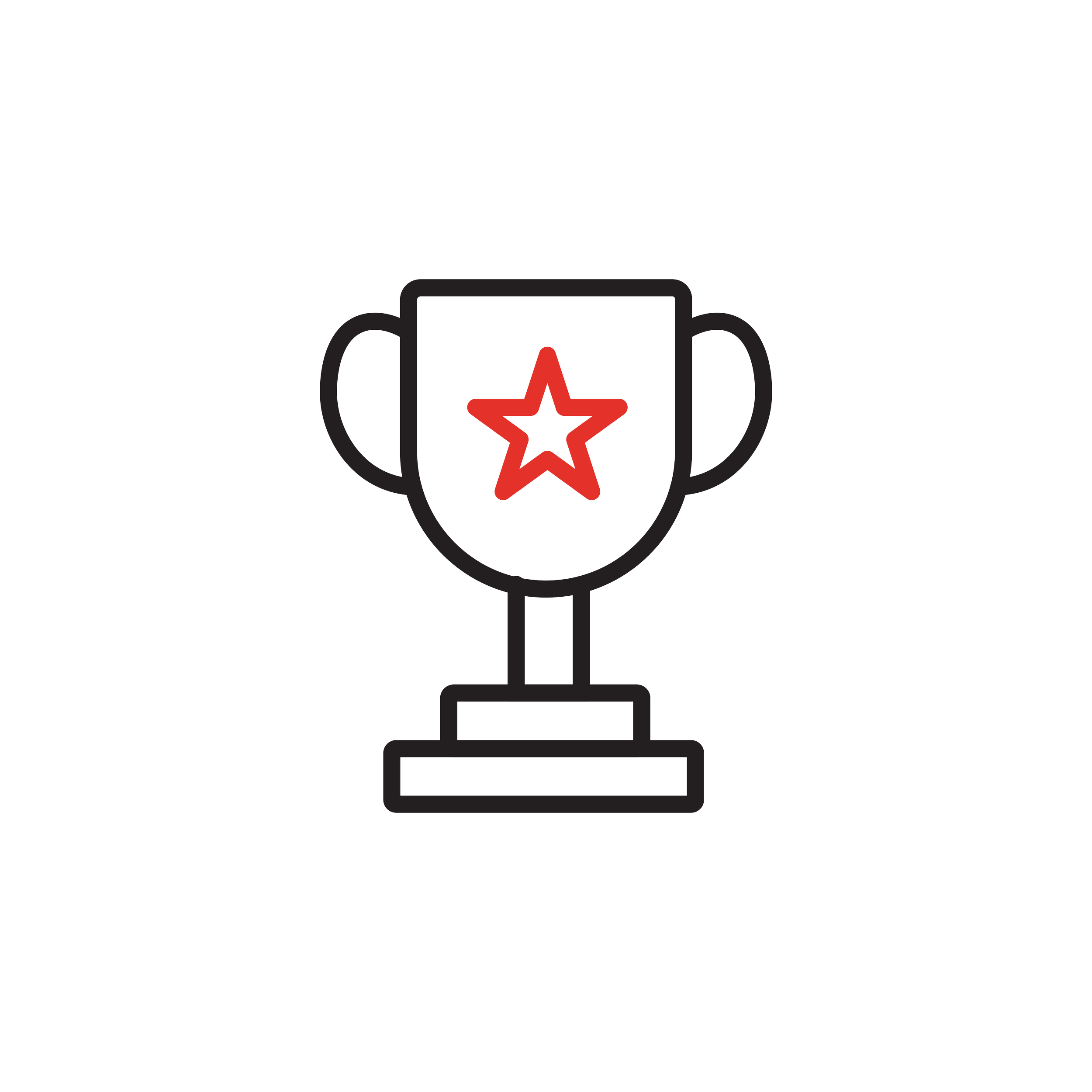 A simple black outline of a trophy with a red star in the center.