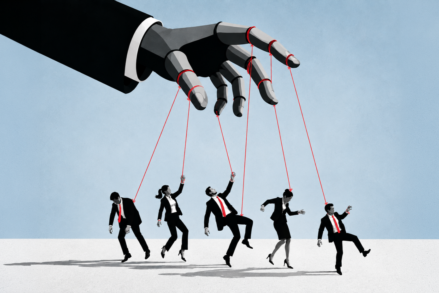 Illustration of a robotic hand controlling business professionals like marionettes on strings, symbolizing AI's control over hiring and layoffs