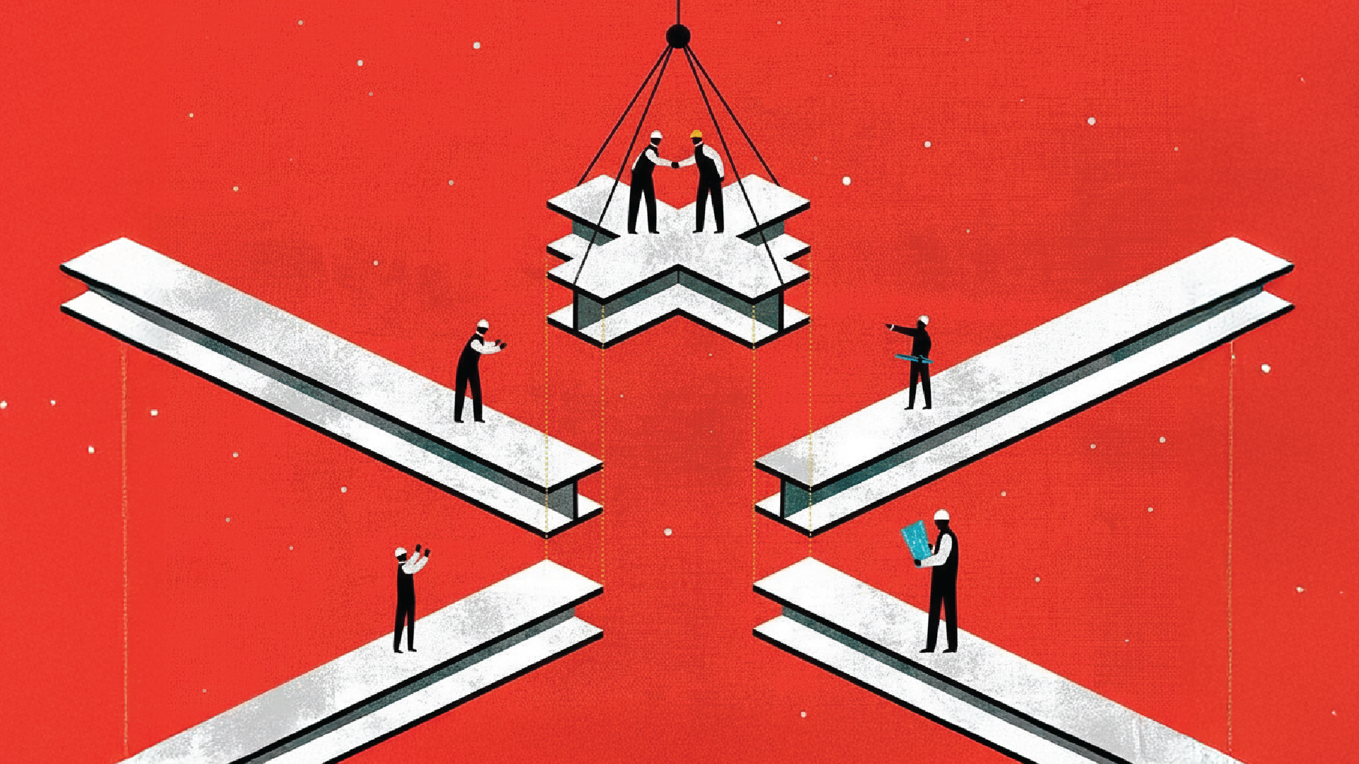 A split graphic of a modern construction site showing engineers aligning structural beams and shaking hands, symbolizing the integration of technical expertise and professional trust in civil engineering hiring.