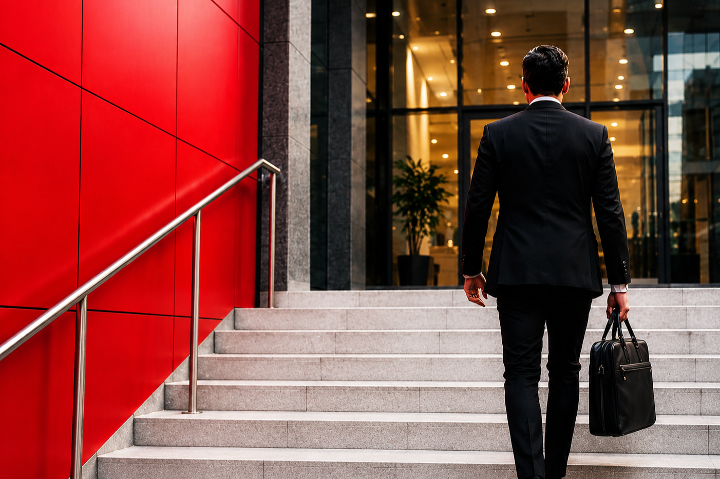 Professional in a suit carrying a briefcase walking up the steps of a corporate office building, representing a small business banker making a career move.