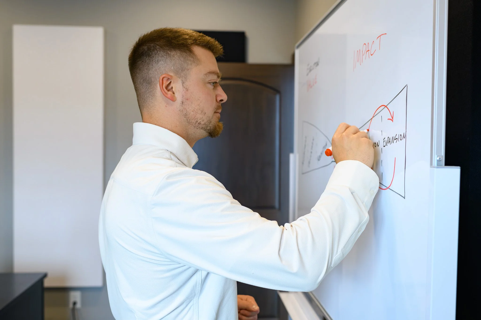 A man in a white shirt writing on a whiteboard in an office, with a diagram and the words 'IMPACT' and 'Expansion' visible.