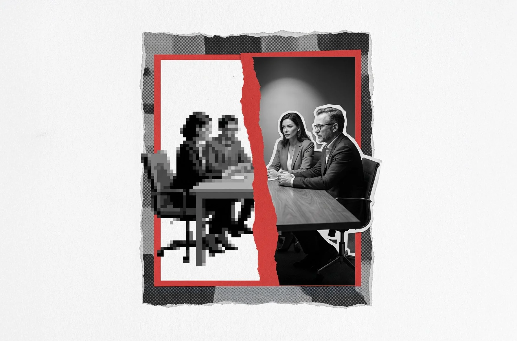 A split-screen graphic showing a pixelated virtual interviewer alongside a clear, high-definition in-person interviewer, illustrating the shift from digital screening to authentic, off-script human connection.