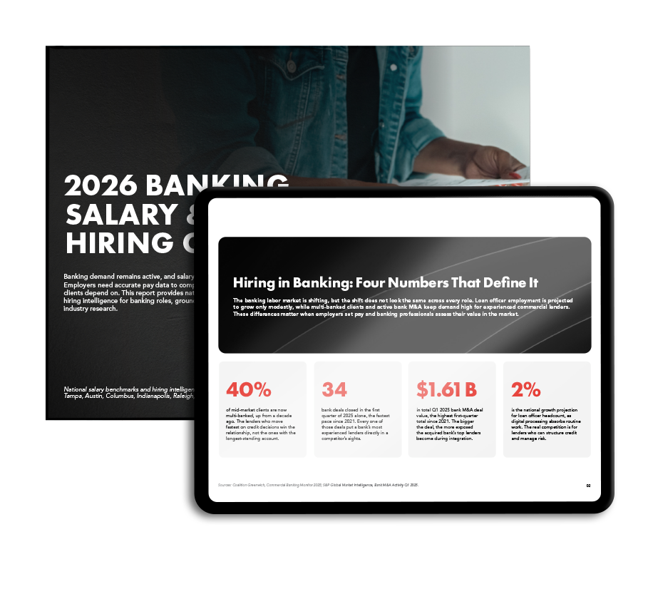 Cover and sample page of The Agency Recruiting’s 2026 Banking Salary and Hiring Guide showing commercial banking hiring and compensation data