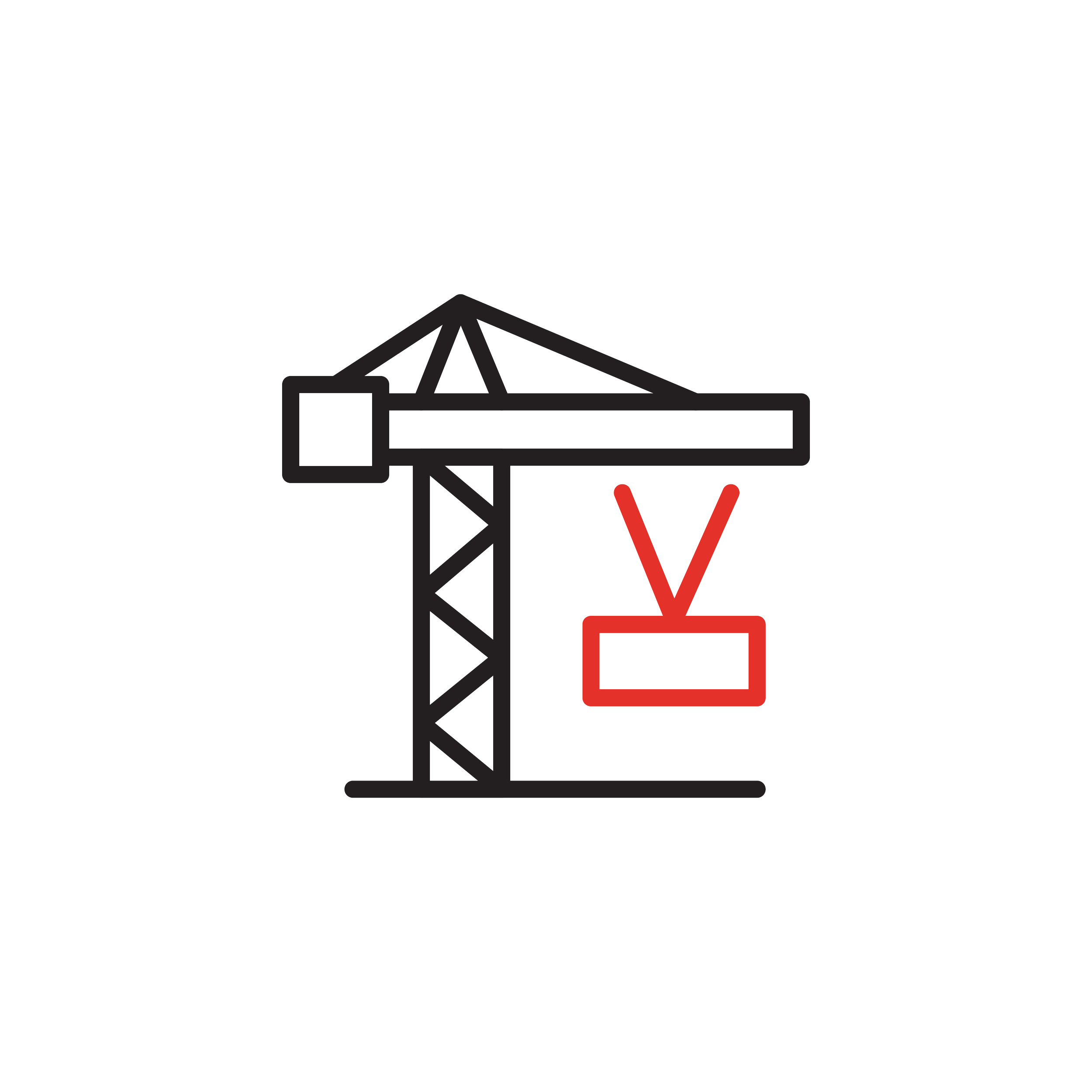Construction crane with a lifted load, drawn in black and red outline on a black background.