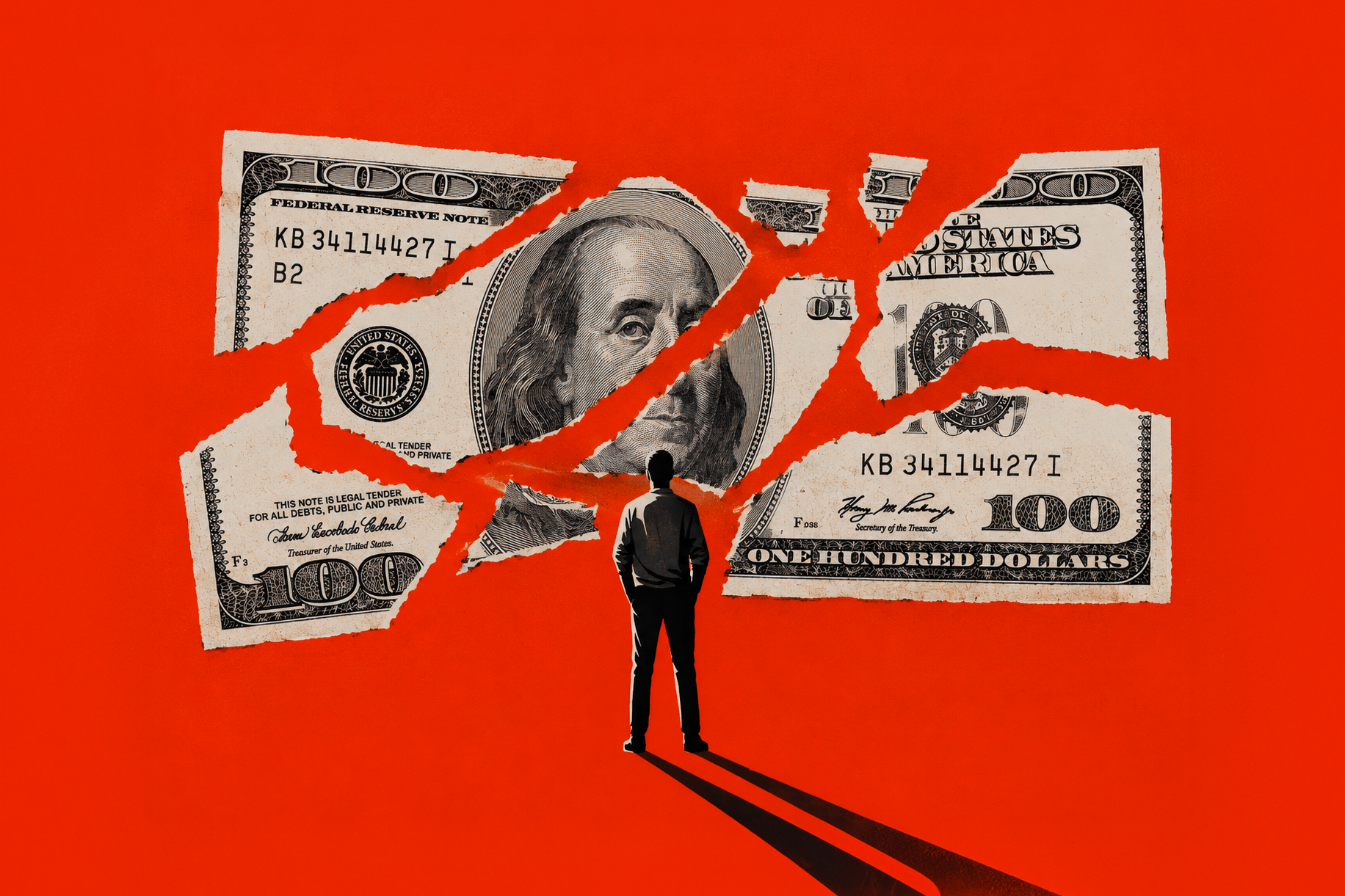 Silhouette of a man standing before a giant hundred-dollar bill torn into a percent sign, symbolizing salary transparency laws in job postings