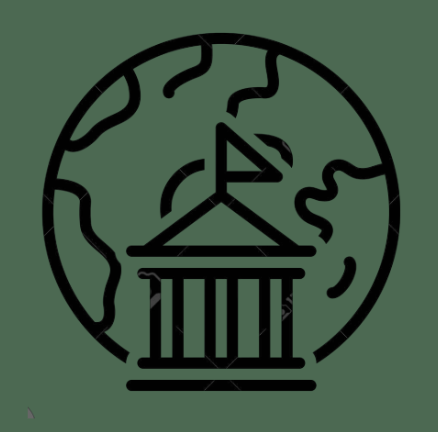 A globe with a courthouse or government building and a flag on top, representing global governance or international law.