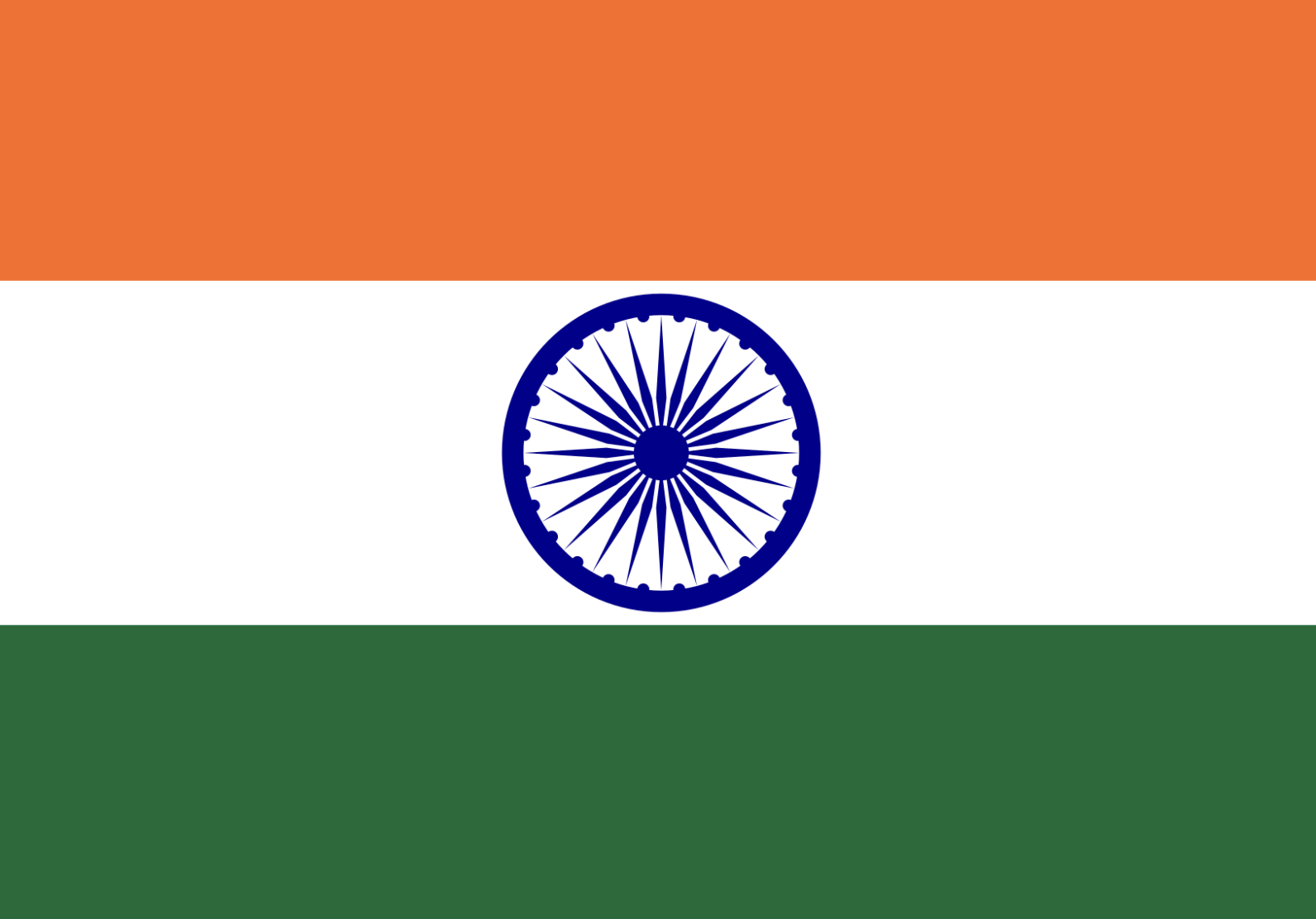 Indian flag with saffron, white, and green horizontal stripes and a blue Ashoka Chakra in the center.