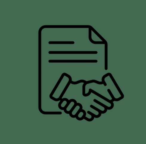 Icon of two hands shaking in front of a contract