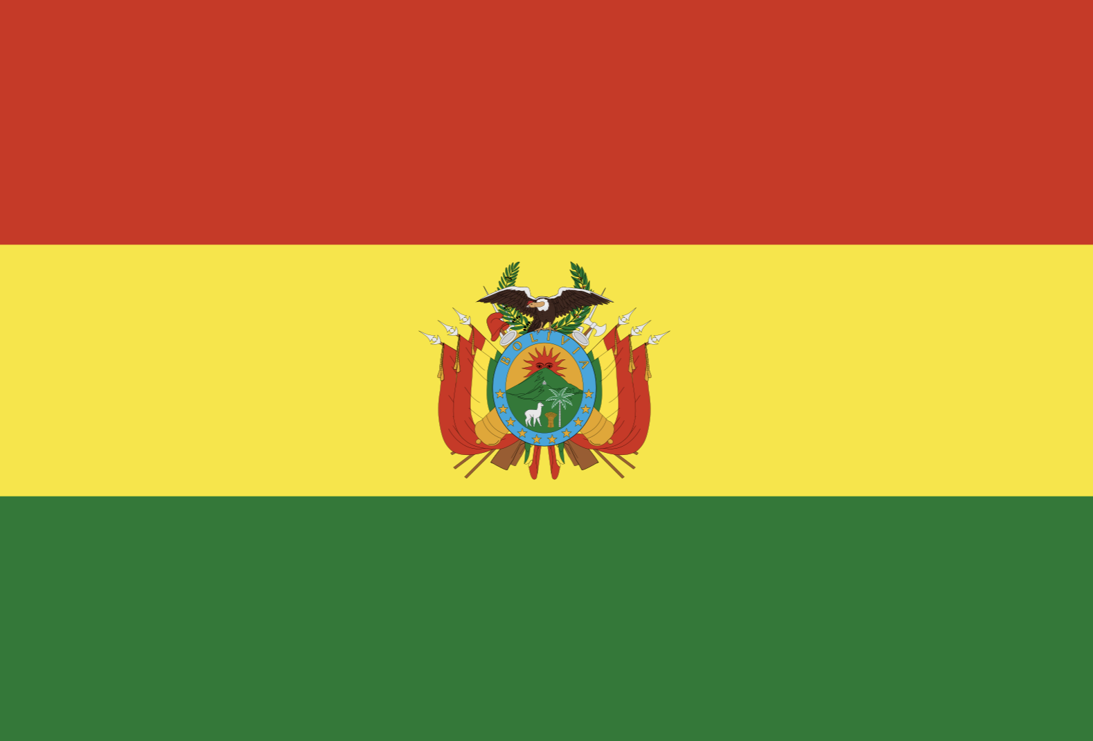 Bolivian flag with horizontal stripes of red, yellow, and green and the national coat of arms in the center.