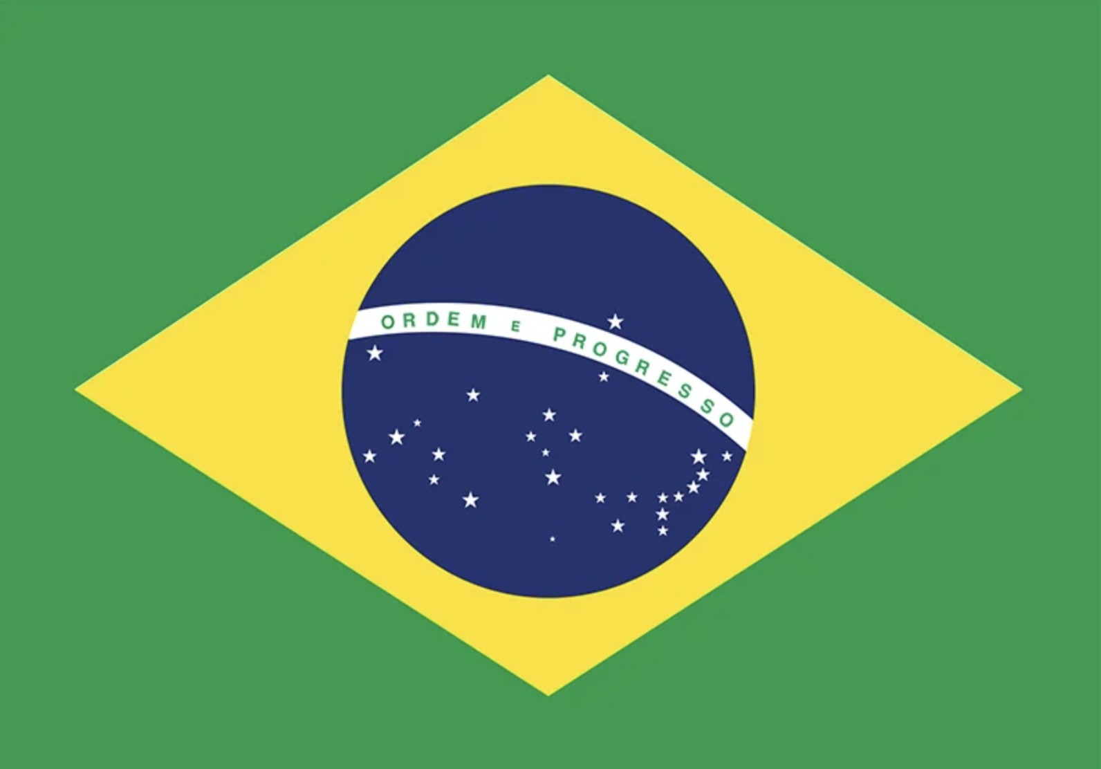 Brazilian flag with green background, yellow diamond shape, blue circle with white band and green text, and white stars.