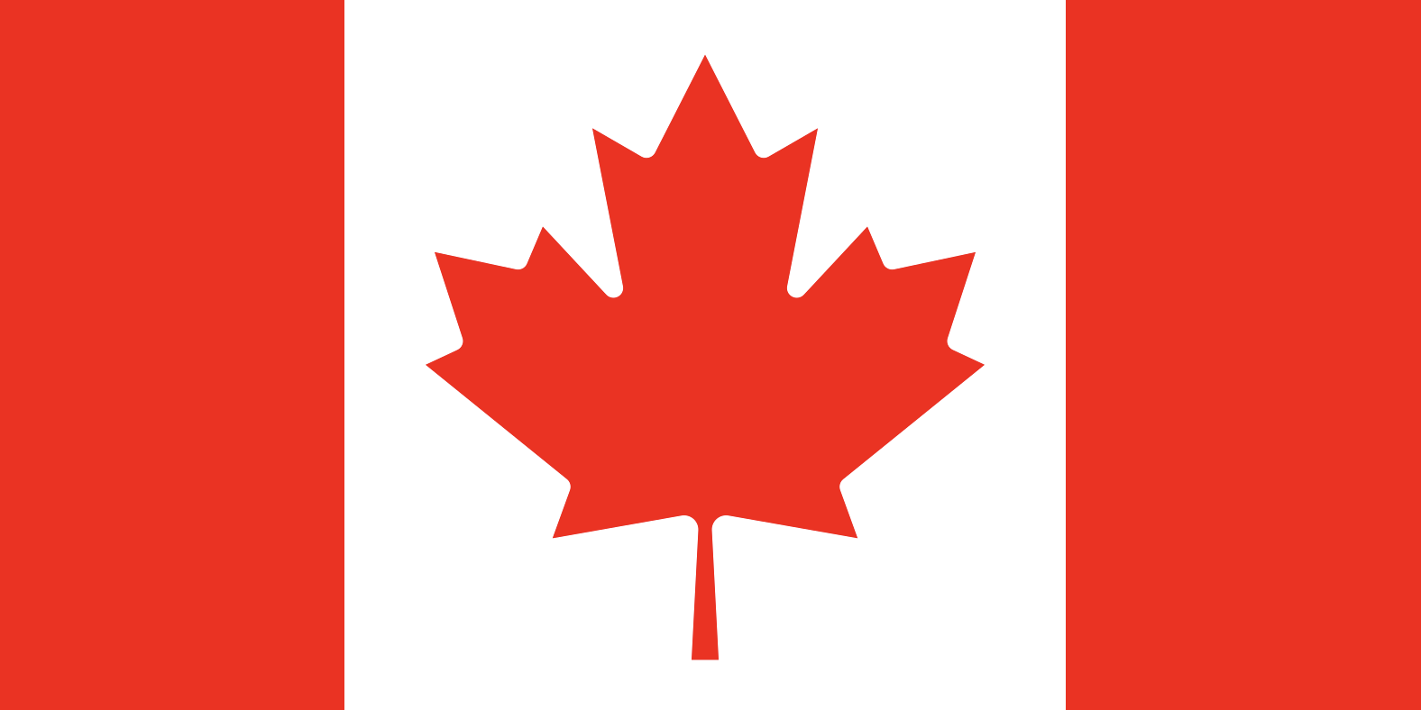 Canadian flag with red vertical bands on the sides and a red maple leaf in the center on a white background.