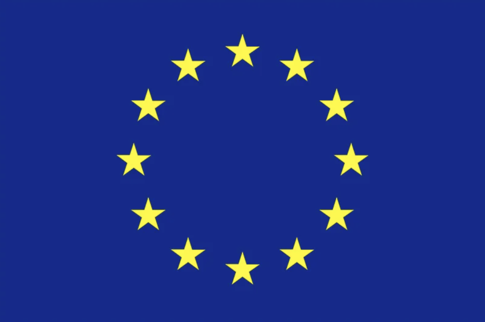 European Union flag with a blue background and a circle of twelve yellow stars.