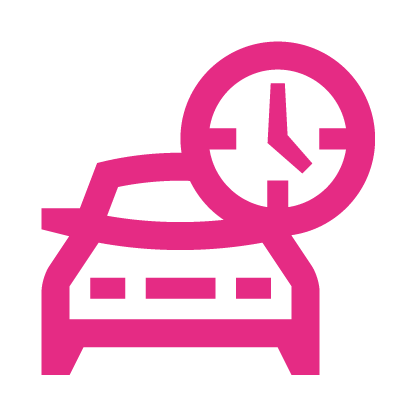 Pink icon of a bed with a clock on top, indicating a sleeping schedule or bedtime reminder.