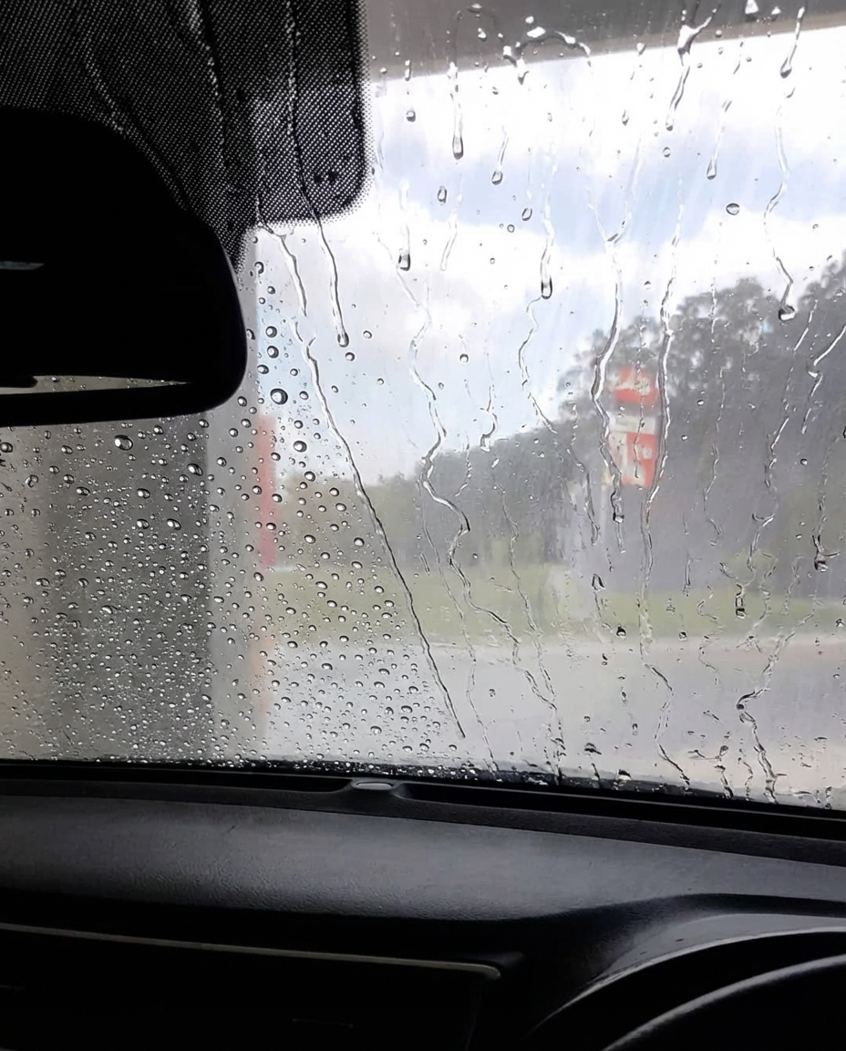 Rain-covered windshield from inside a car with visible dashboard and rearview mirror, showing blurred trees and a road outside.