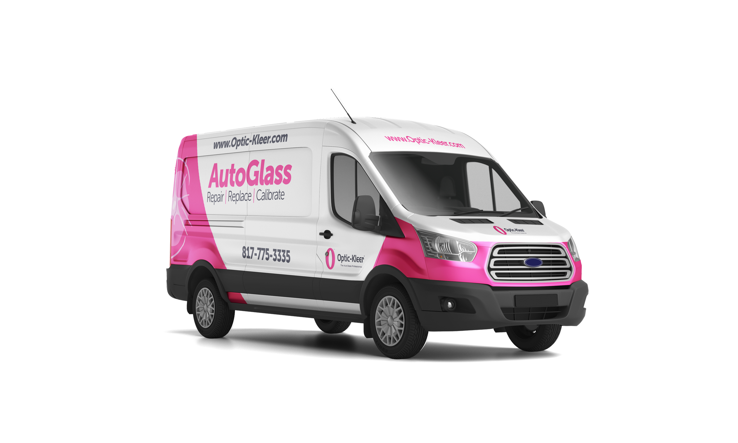 A white and pink AutoGlass repair van with black accents, displaying company information and contact details, parked against a black background.