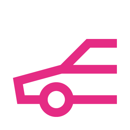 Pink abstract icon resembling a stylized train or vehicle.