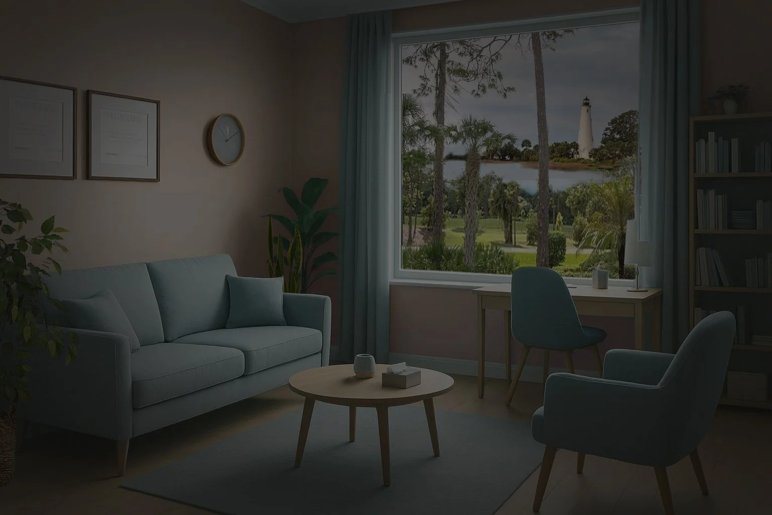 Bright office with a light blue sofa, a wooden coffee table, an armchair, and a window overlooking a lighthouse and trees outside.